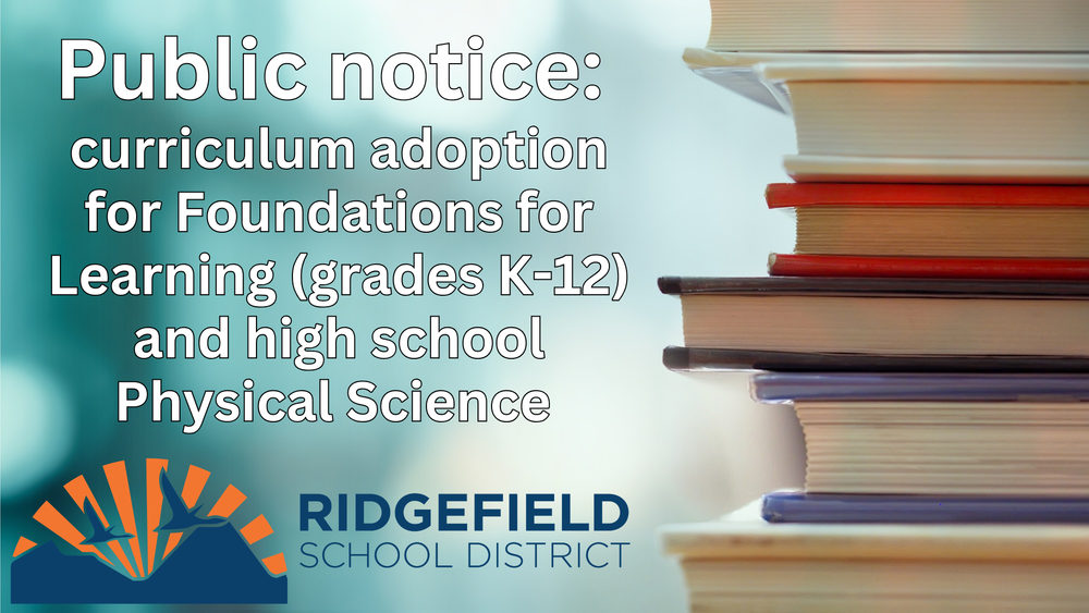 A stack of textbooks with text overlaid reading "Public notice: curriculum adoption"