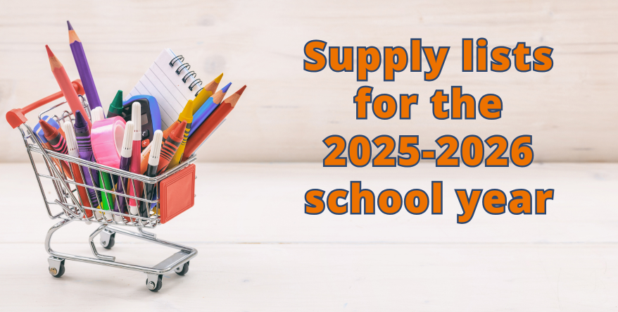 a miniature shopping cart filled with school supplies and the words supply lists for the 2025-26 school year