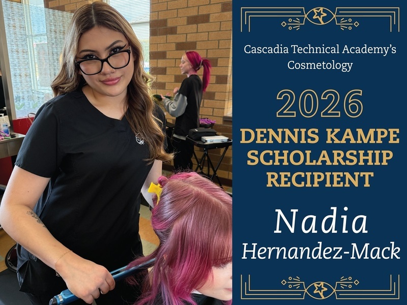 Nadia Hernandez-Mack using a straightening iron on a girl's hair and the words "2026 Dennis Kampe Scholarship Recipient"