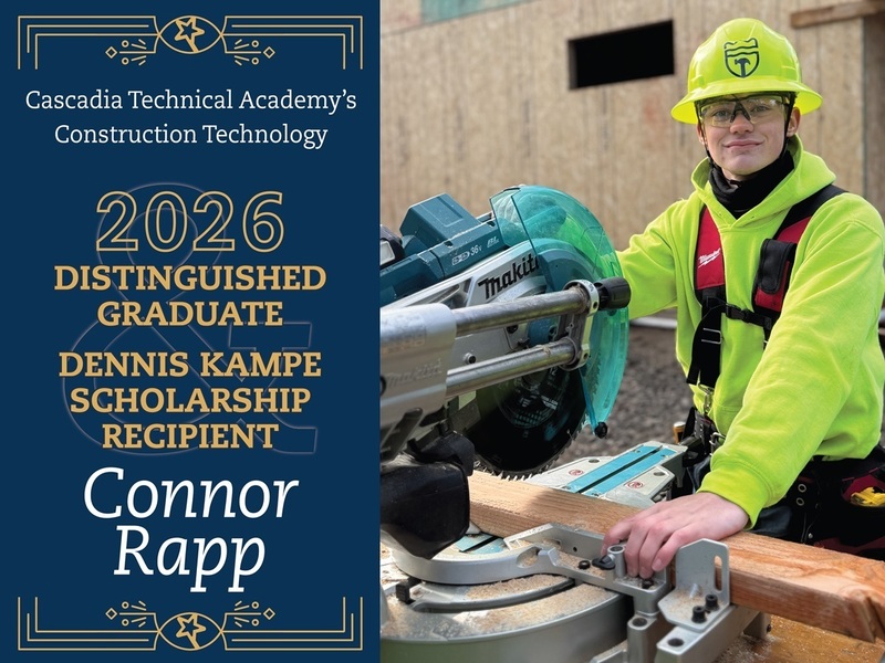 Connor Rapp using a saw with the words "2026 Distinguished Graduate and Dennis Kampe Scholarship Recipient"