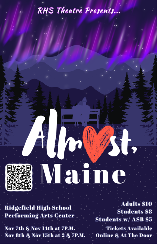 Mountains and evergreen trees under a nightsky full of stars and Northern Lights, which the words "Almost, Maine" and a large red heart
