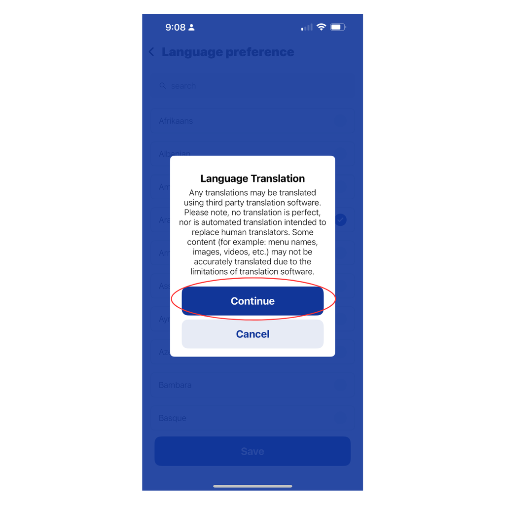 Language translation disclaimer