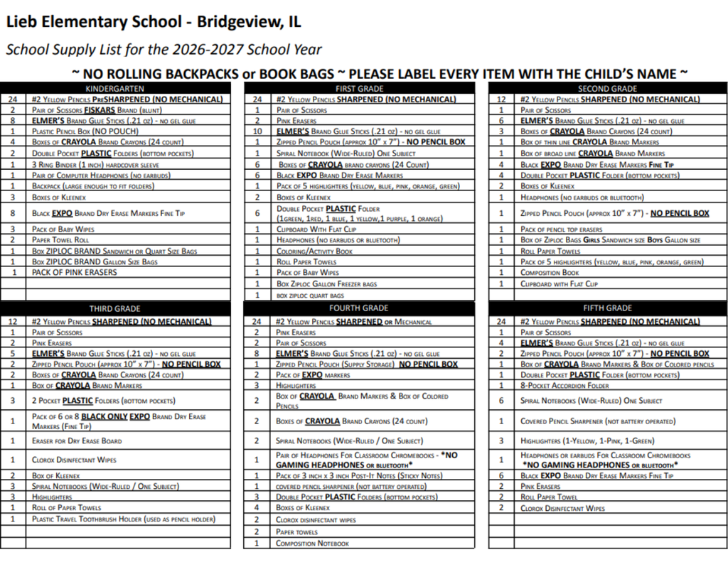 School Supply List 2026/2027