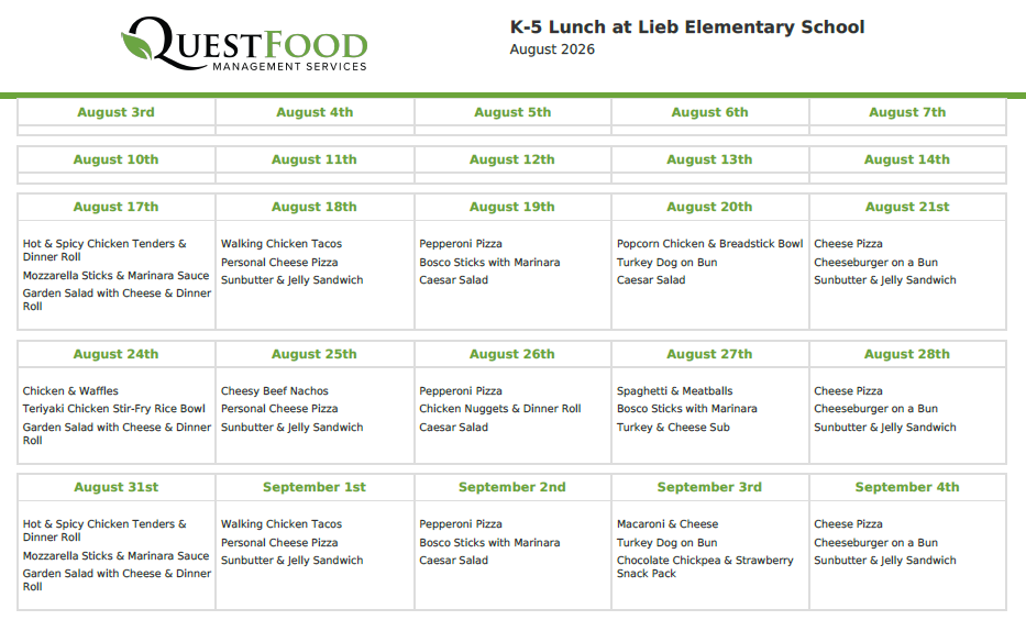 August Lunch Menu