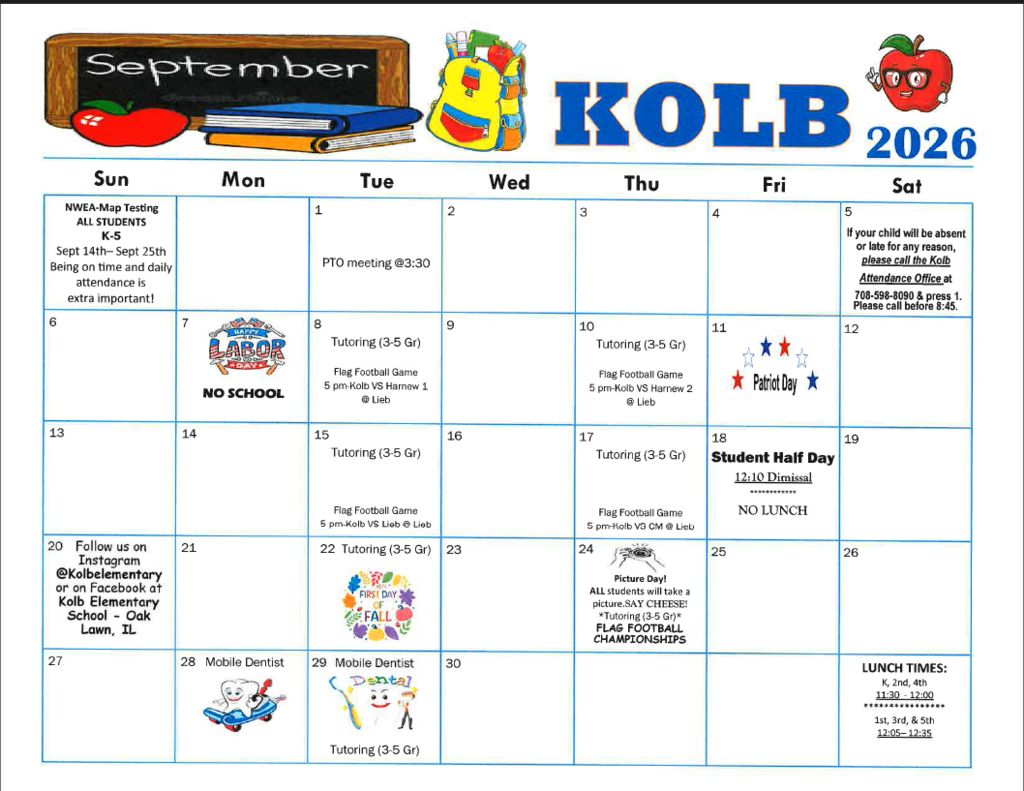 Kolb school Septermber 2026 Calendar
