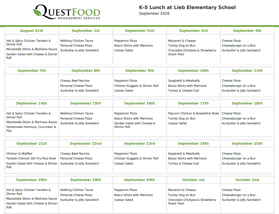 Sept. Lunch Menu