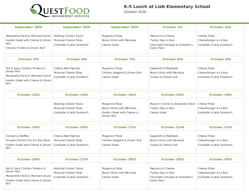 October Lunch Menu