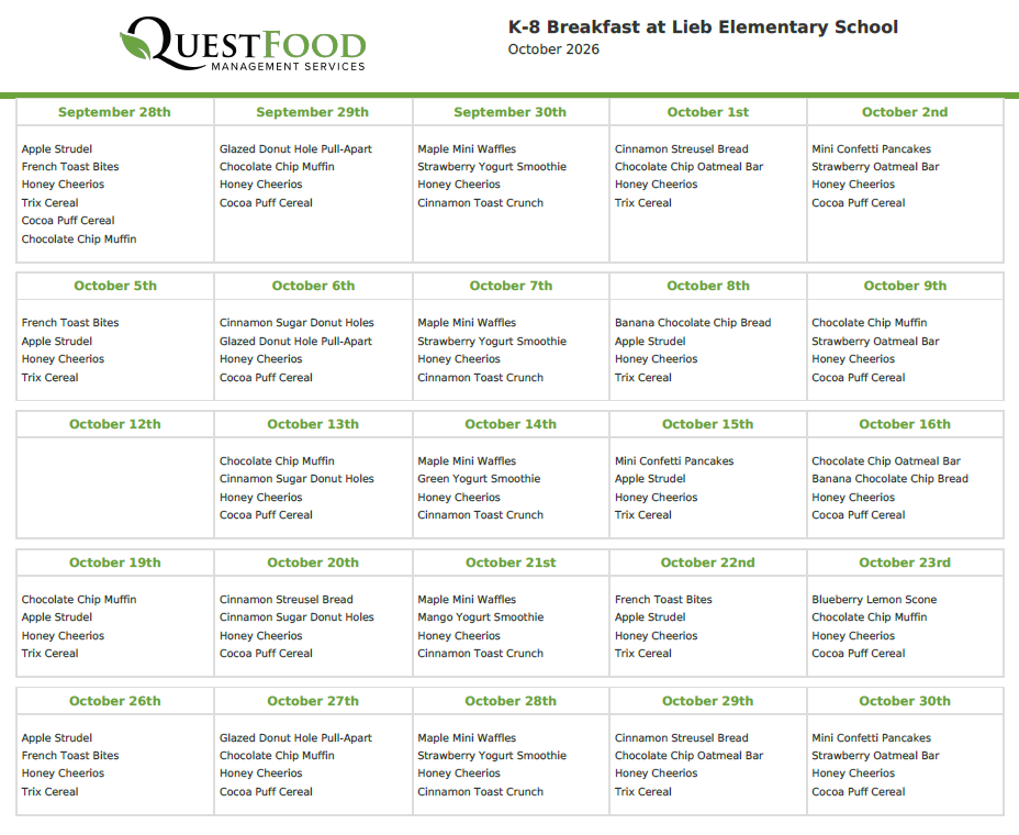 October Breakfast Menu