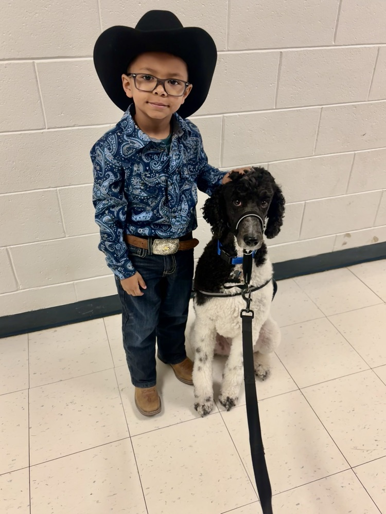 boy dressed in cowboy hat and boots petting facility dog