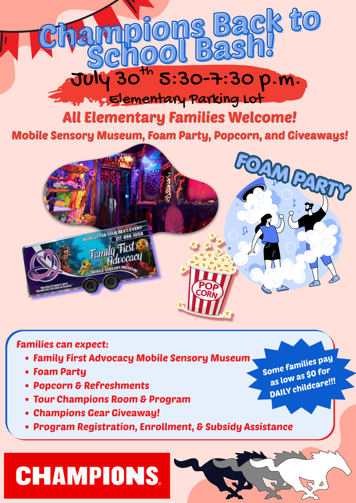 Champions back to school bash July 30th