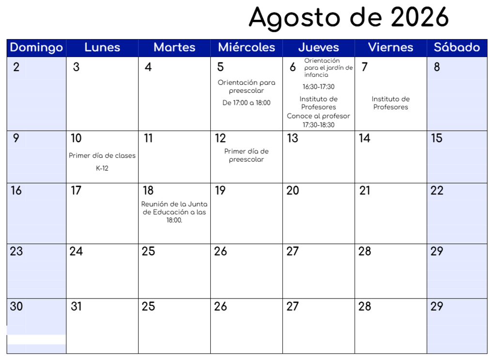 August Calendar - Spanish