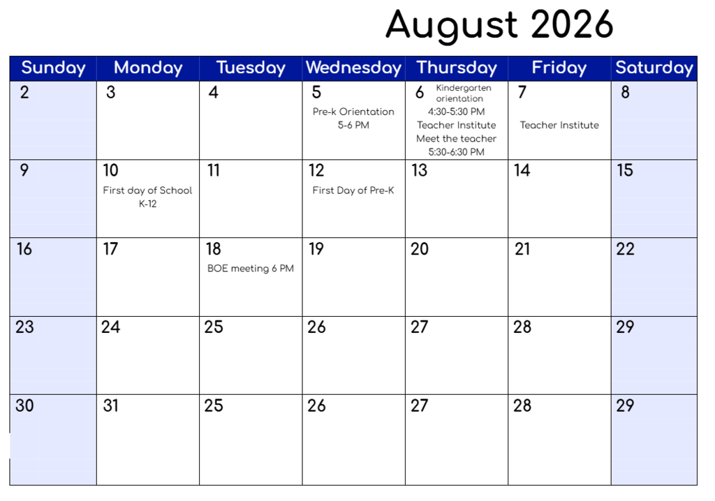 August Calendar - English