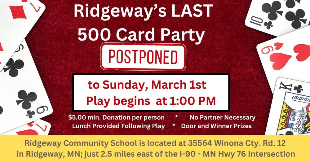 Ridgeway Card Party Postponed to March 1st