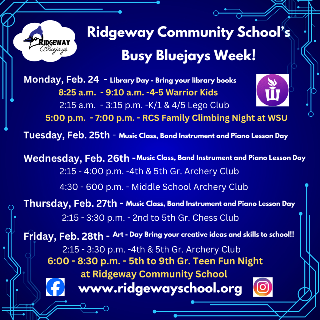 Ridgeway Schedule for the week of 2-24-25