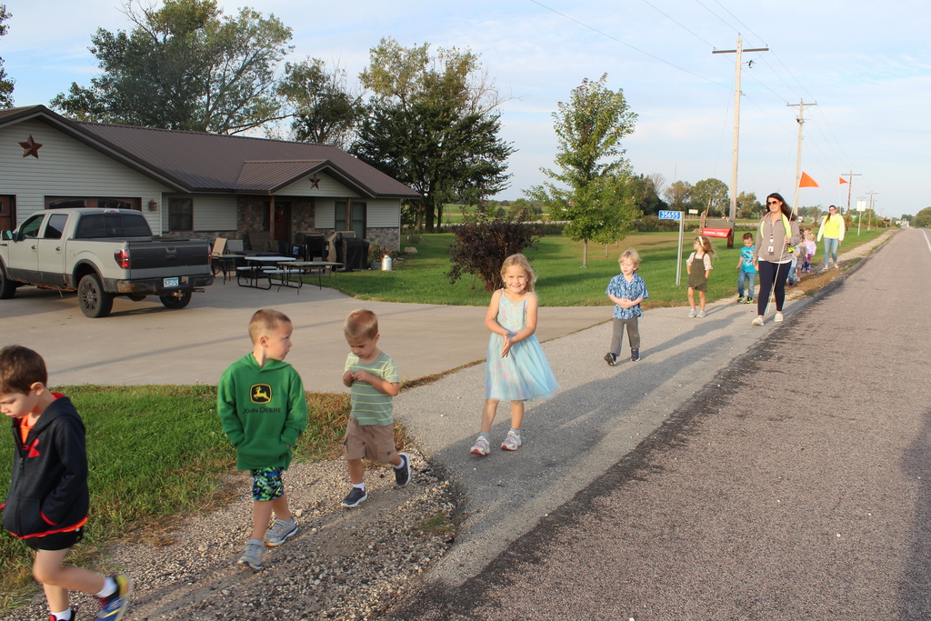 Preschoolers walking to fire hall.