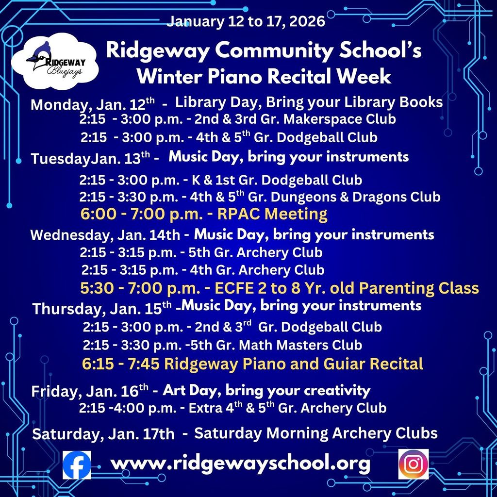 Ridgeway After School and Evening Activity Schedule for the week of Jan. 12th