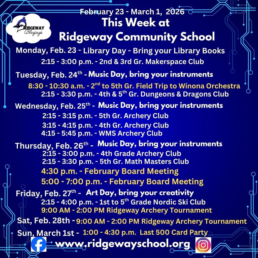 Ridgeway's Schedule for the Week of February 23rd