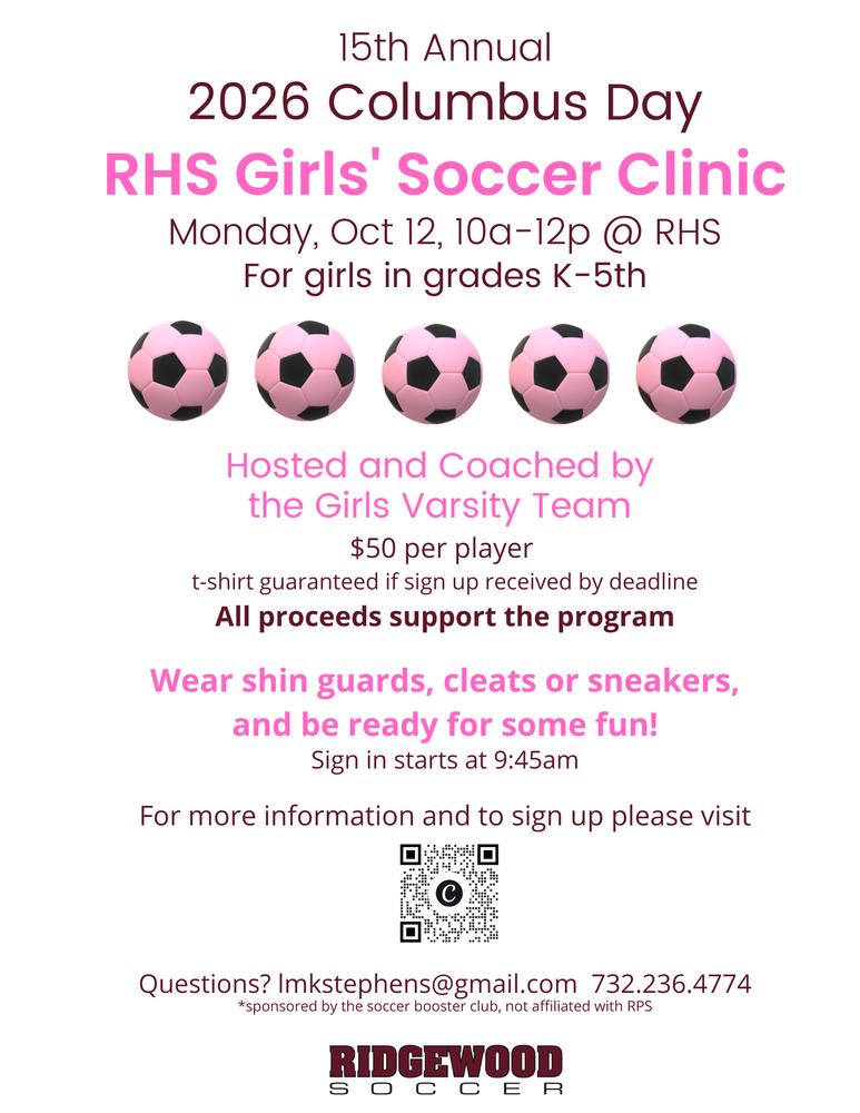 RHS Girls Soccer Clinic on October 12, from 10am to noon at RHS