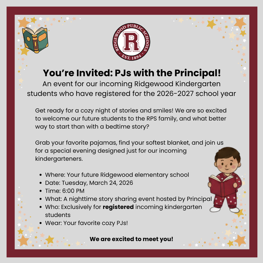 PJ's with the Principal 2026-2027  kindergarten  flyer