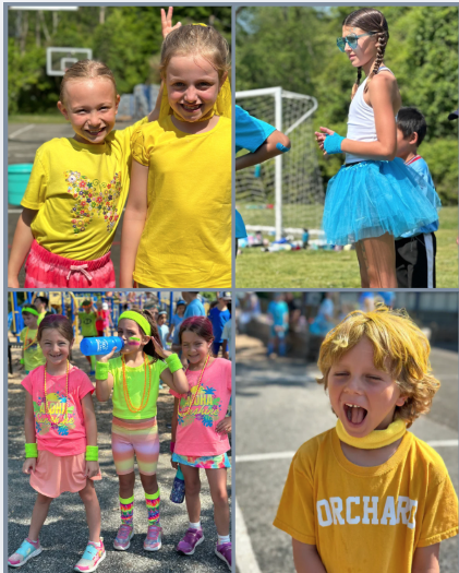 Students playing and wearing bright colored clothing