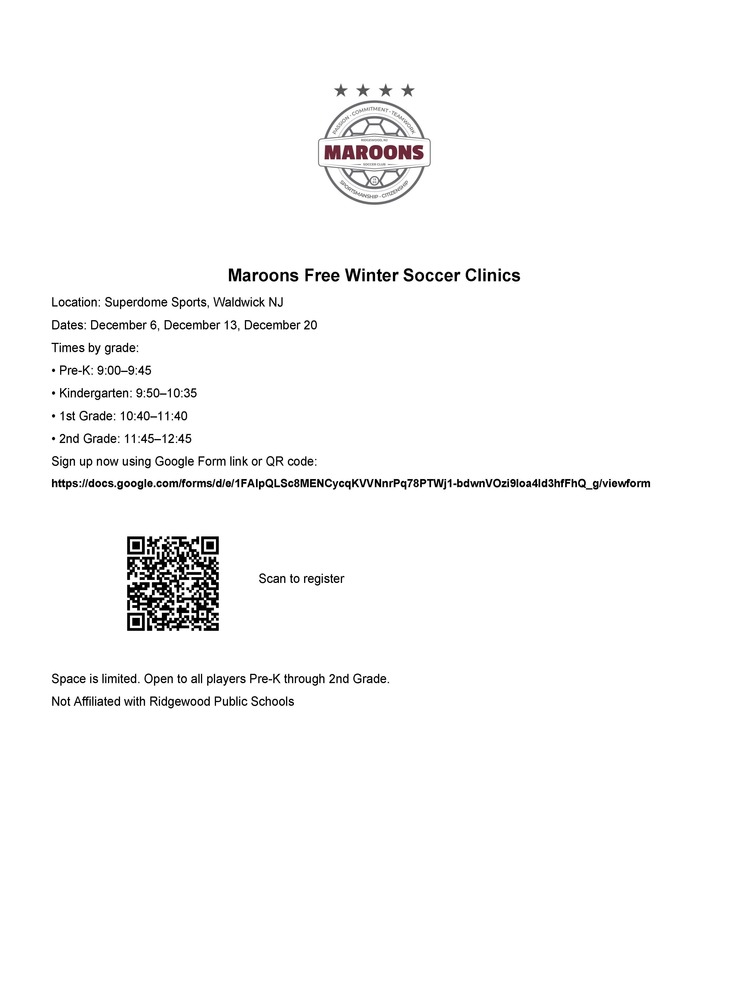 Maroons Free Winter Soccer Clinics for Pre-K through Grade 2