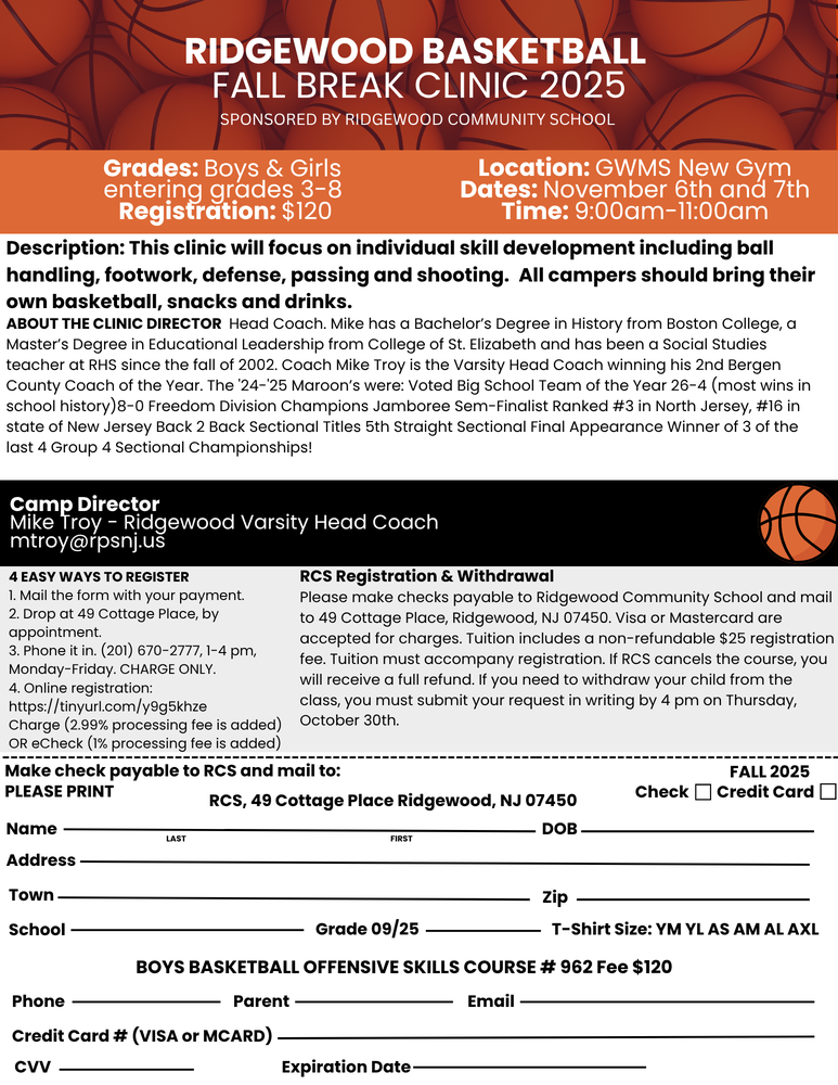 Basketball Fall Clinic - Grades 3-8, November 6th and 7th
