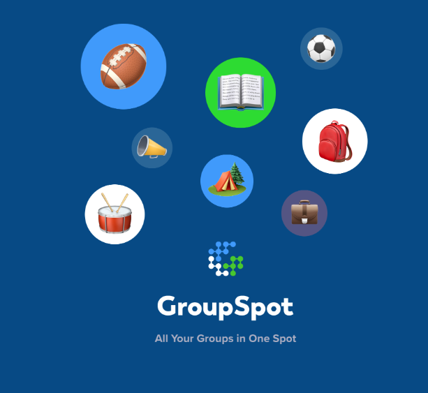 Group Spot with circles containing books, balls, a drum and a camping tent