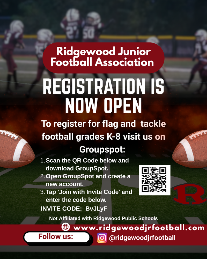 RJFA Registration open for flag and tackle football, grades K-8, registration required.