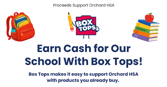 earn cash for our school with box tops, pic of backpack, box tops logo and stack of books