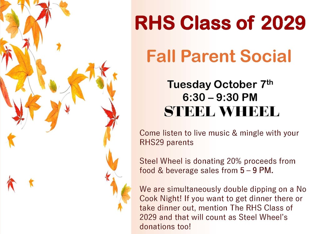 RHS Class of 2029 - Fall Parent Social - Tuesday October 7th 6:30 – 9:30 PM STEEL WHEEL