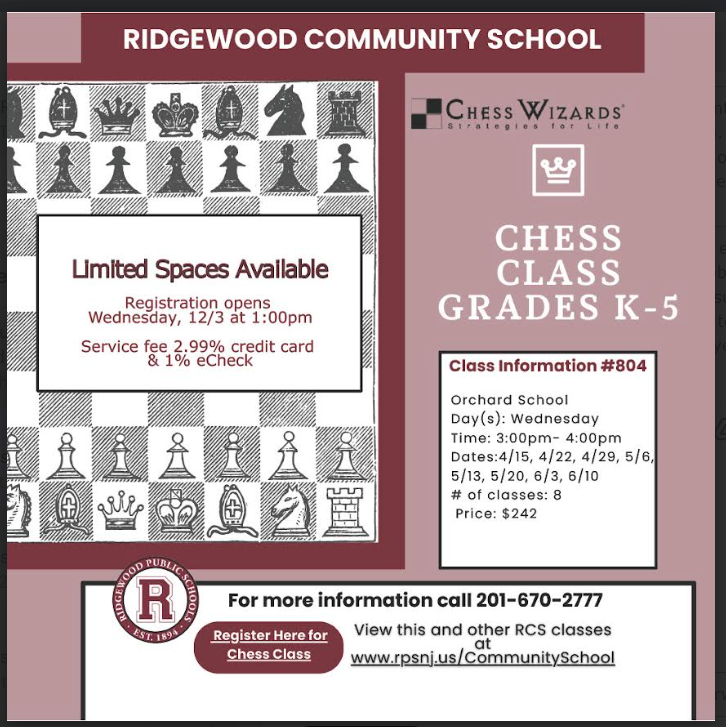 chess class grades k-5 limited space features a pic of a chess board and a number to sign up