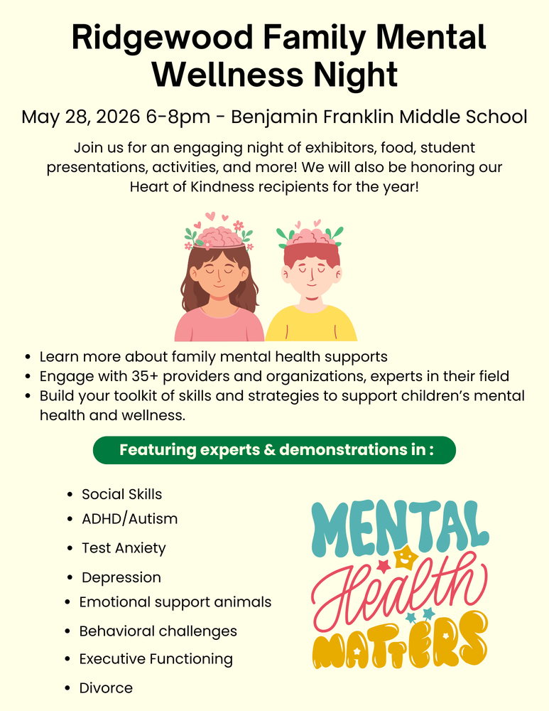RPS Family Mental Wellness Night - May 28th from 6-9pm at BFMS