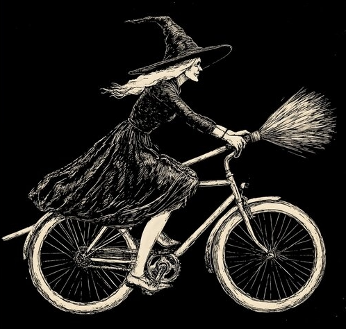 Image of witch on a bicycle with a broom