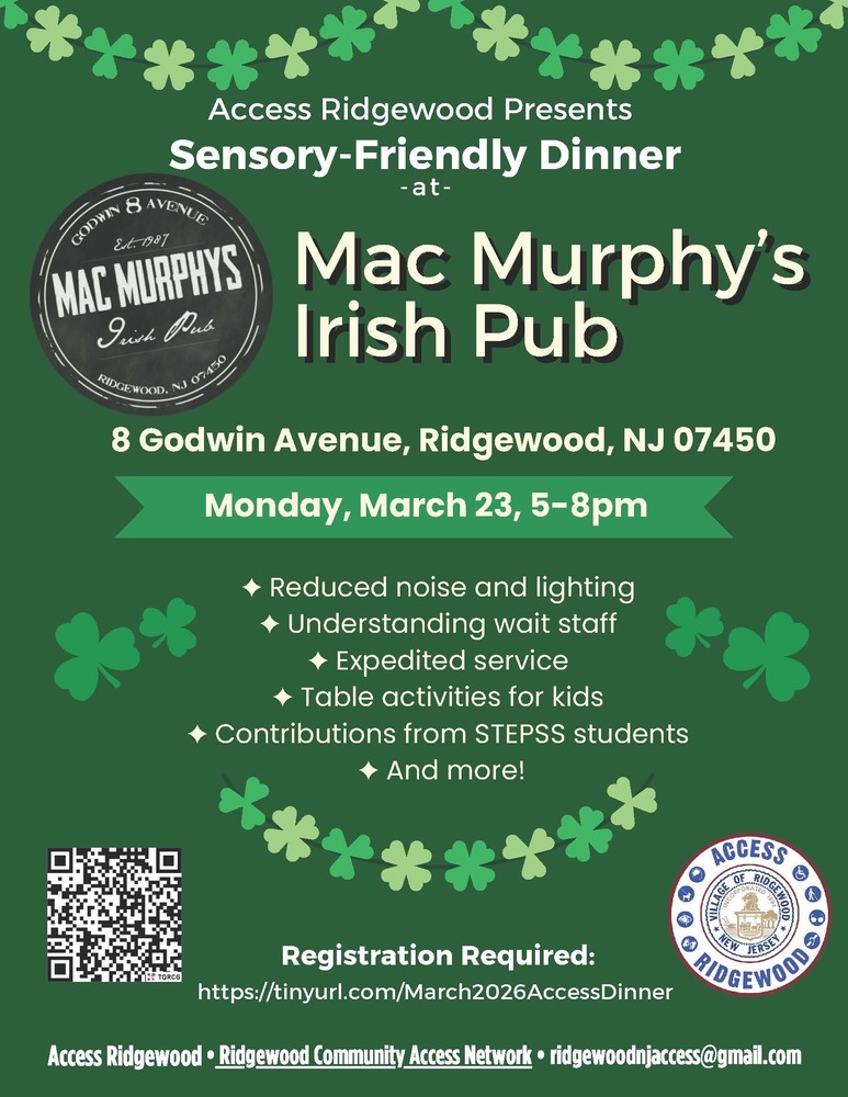 Sensory Friendly Dinner March 23rd from 5-8pm at Mac Murphy's Irish Pub