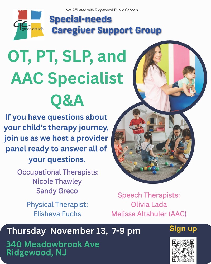 OT, PT, SLP , and Specialist Q&A - November 13th from 7-9pm, Sign Up via QR Code