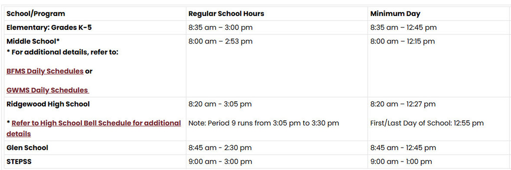 District Calendars and School Hours