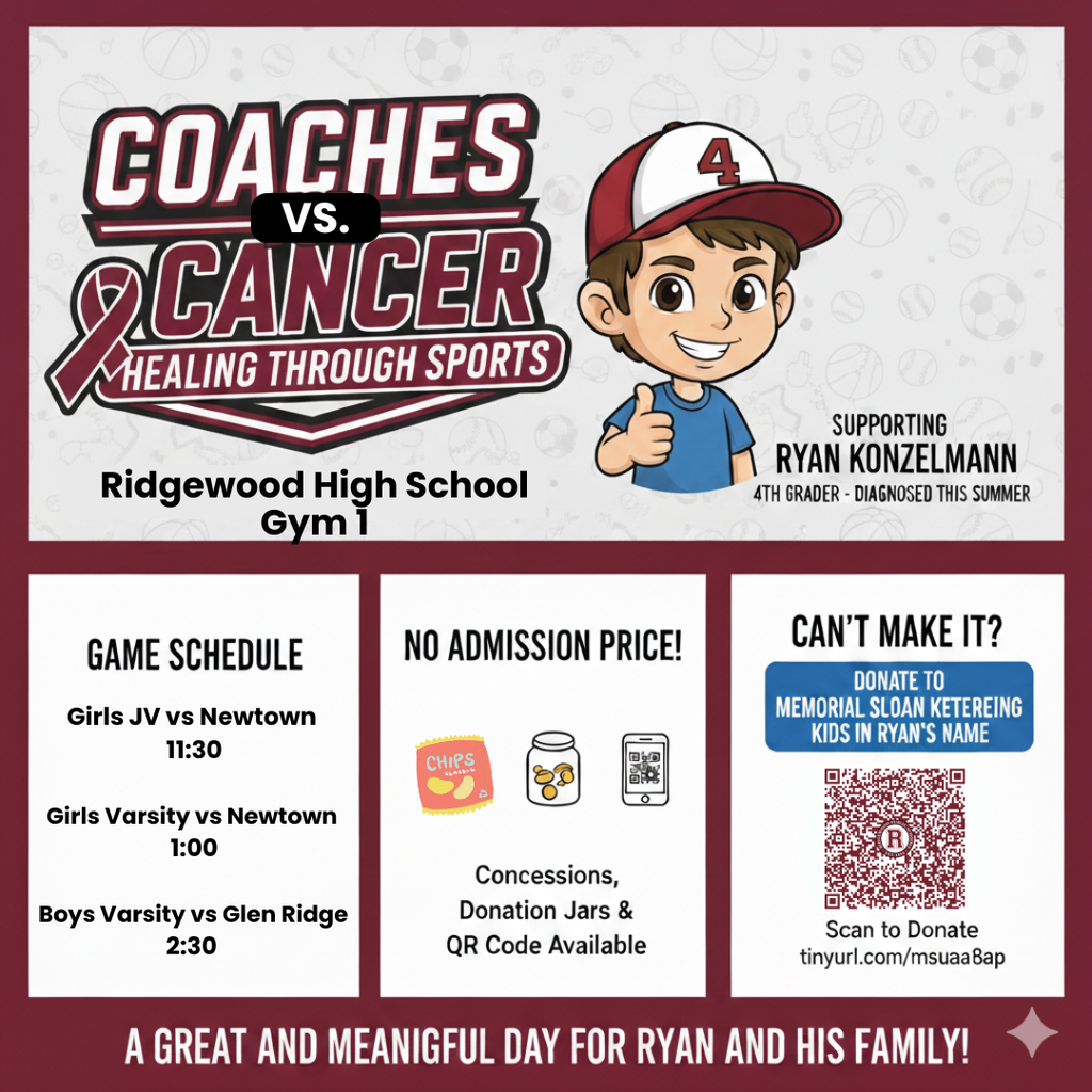 Corrected QR Code...  ...for Saturday, January 17th Coaches vs. Cancer/Healing Through Sports games at Ridgewood High School.  This year, we are again playing in honor of one of our own, supporting a 4th grade student diagnosed with cancer this past summer.  The schedule for Saturday: Girls JV vs Newtown 11:30 Girls Varsity vs Newtown 1:00 Boys Varsity vs Glen RIdge 2:30  Use the QR code or visit https://tinyurl.com/msuaa8ap