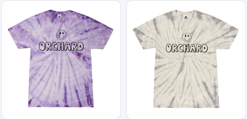 two tshirts with a smiley face and the word Orchard