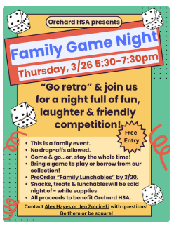 Family game night yellow and green flyer with dice and swirly lines. A QR box. Stay fueled all night with family lunchables see whats included and pre order by 3/20. available while supplies last