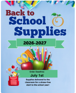 Back to School Supplies 26-27 order deadline July 1st. Picture of school supplies and the Orchard Logo