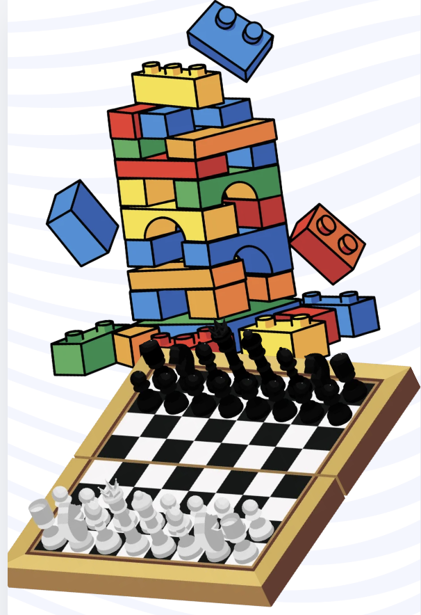 Chess board and colorful lego pieces