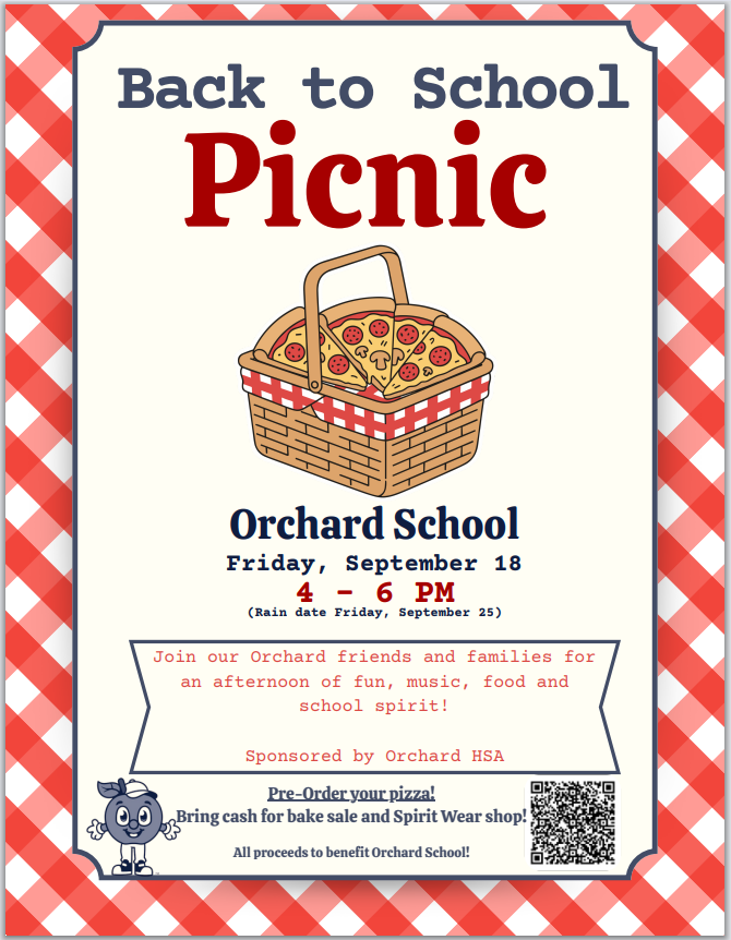 Back to school picnic friday 9/12 4-6 pm pre-order pizza, QR Code, picnic basket with pizza in it