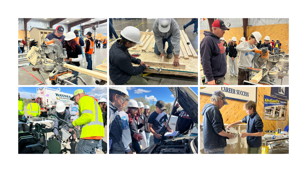 A group of high school students participates in hands-on skilled trades activities at an indoor and outdoor career event. Students use tools like saws and measuring equipment, work with wood, observe heavy equipment demonstrations, look under a car hood, and practice construction tasks while guided by industry professionals.