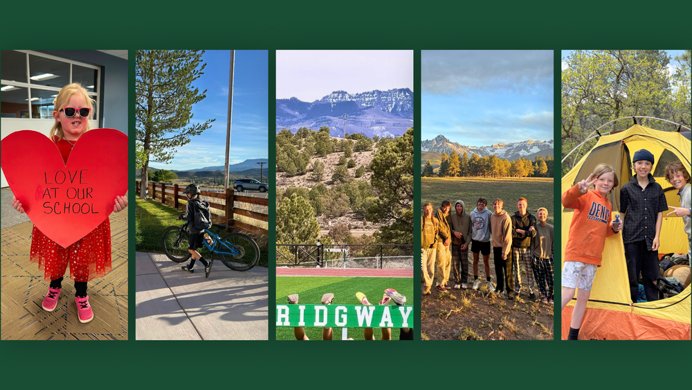 Collage of students enjoying school and outdoor activities, including biking, sports, hiking, and camping in the mountains.