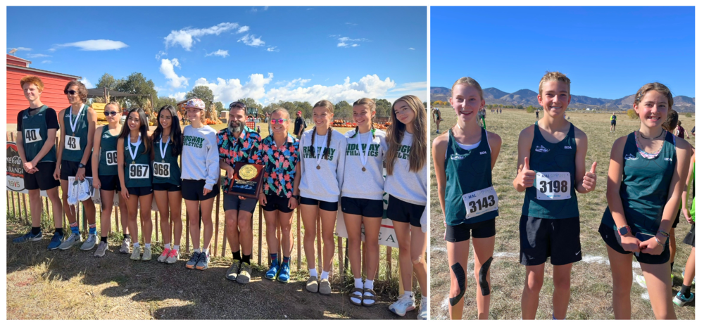 High school and middle school cross country runners pose with coaches and medals under a sunny sky.