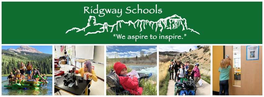 A banner for Ridgway Schools featuring the school name and the motto 'We aspire to inspire' in bold text. The banner includes five photographs arranged in a collage: (1) a group of people standing on a floating platform in a lake surrounded by mountains, (2) a person using scientific equipment in a lab setting, (3) an individual sitting outdoors near a body of water, possibly journaling or observing nature, (4) a group of people walking along a trail carrying outdoor gear, and (5) a young child reaching up to touch or interact with a display on a wall. The images reflect themes of education, exploration, science, and community.