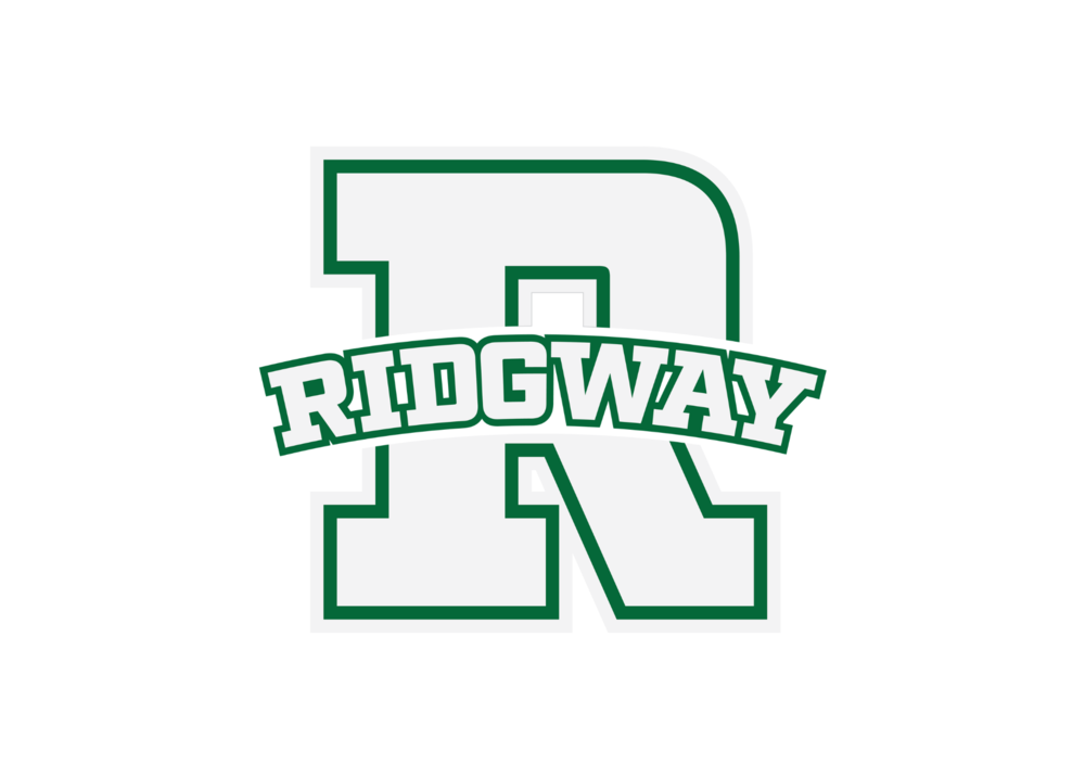 Ridgway Schools athletic logo featuring a large block letter "R" outlined in green with the word "RIDGWAY" in bold, arched white lettering outlined in green across the center. The logo appears on a white background.
