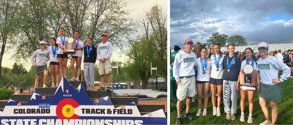 HS Girls Track and Field team on podium holding trophy