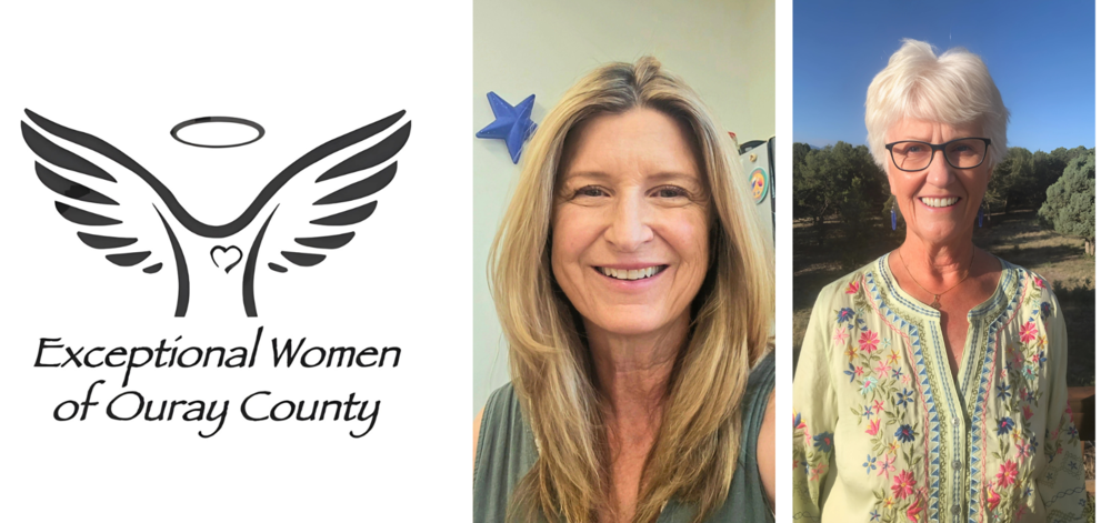 Exceptional Women of Ouray County logo with portraits of honorees Julie Furstenfeld and Kathy Heinrichs