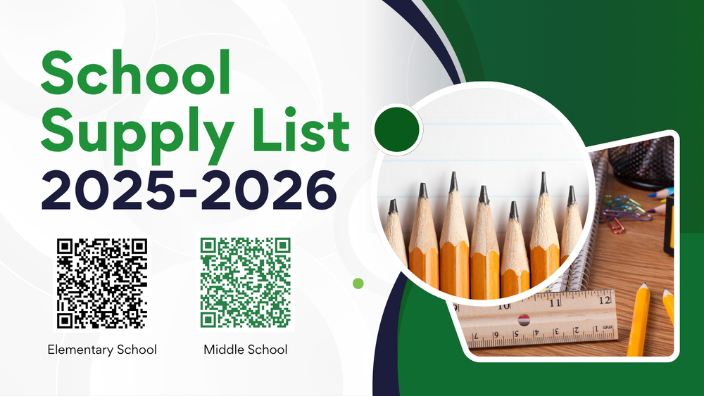 School supply list for 2025-2026 with QR codes for elementary and middle school, pencils, ruler, and other supplies shown.